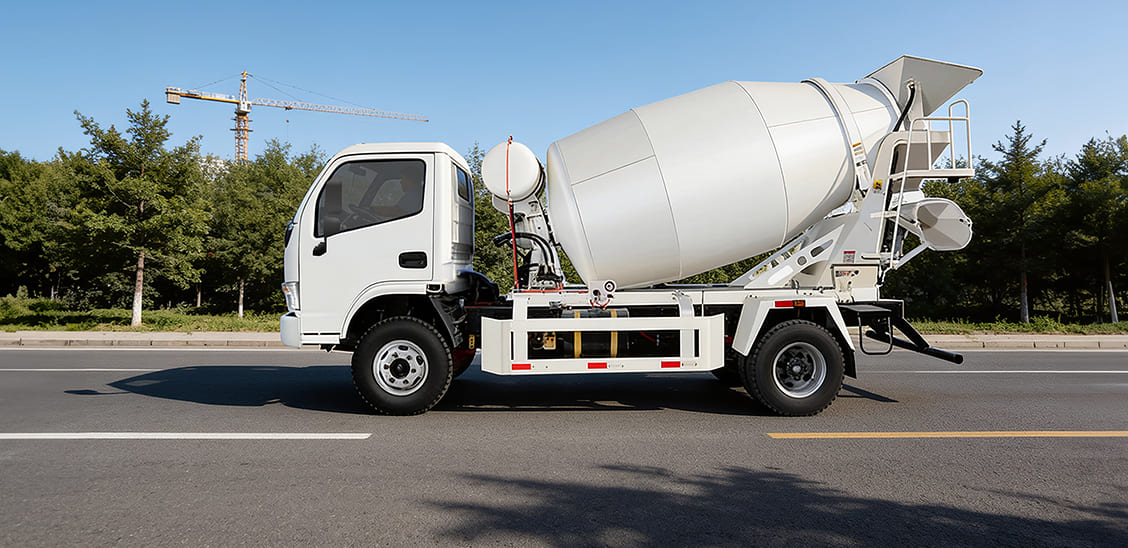 Camión revolvedor de concreto o mixer blanco estacionado junto a una vialidad.