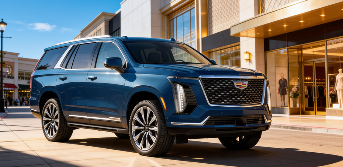 Camioneta SUV de lujo Cadillac Escalade azul marino estacionada frente a tiendas de un centro comercial exclusivo.
