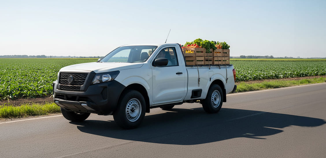 Camioneta pick-up blanca de cabina sencilla con la caja cargada de cajas de madera llenas de verduras frescas, circulando junto a un campo de cultivo.